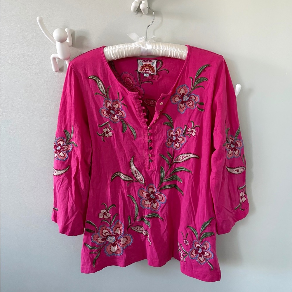 Johnny Was Pink Floral Embroidered Top